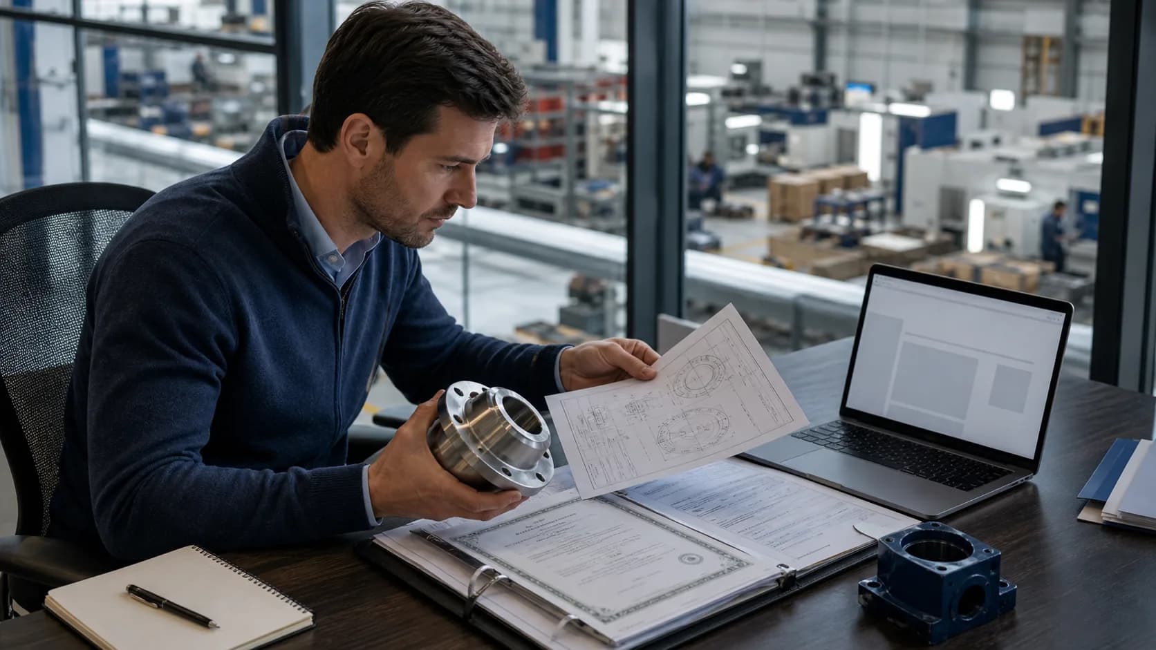 An industrial supplier reviews a product, technical drawing and certificate evidence alongside editorial copy.