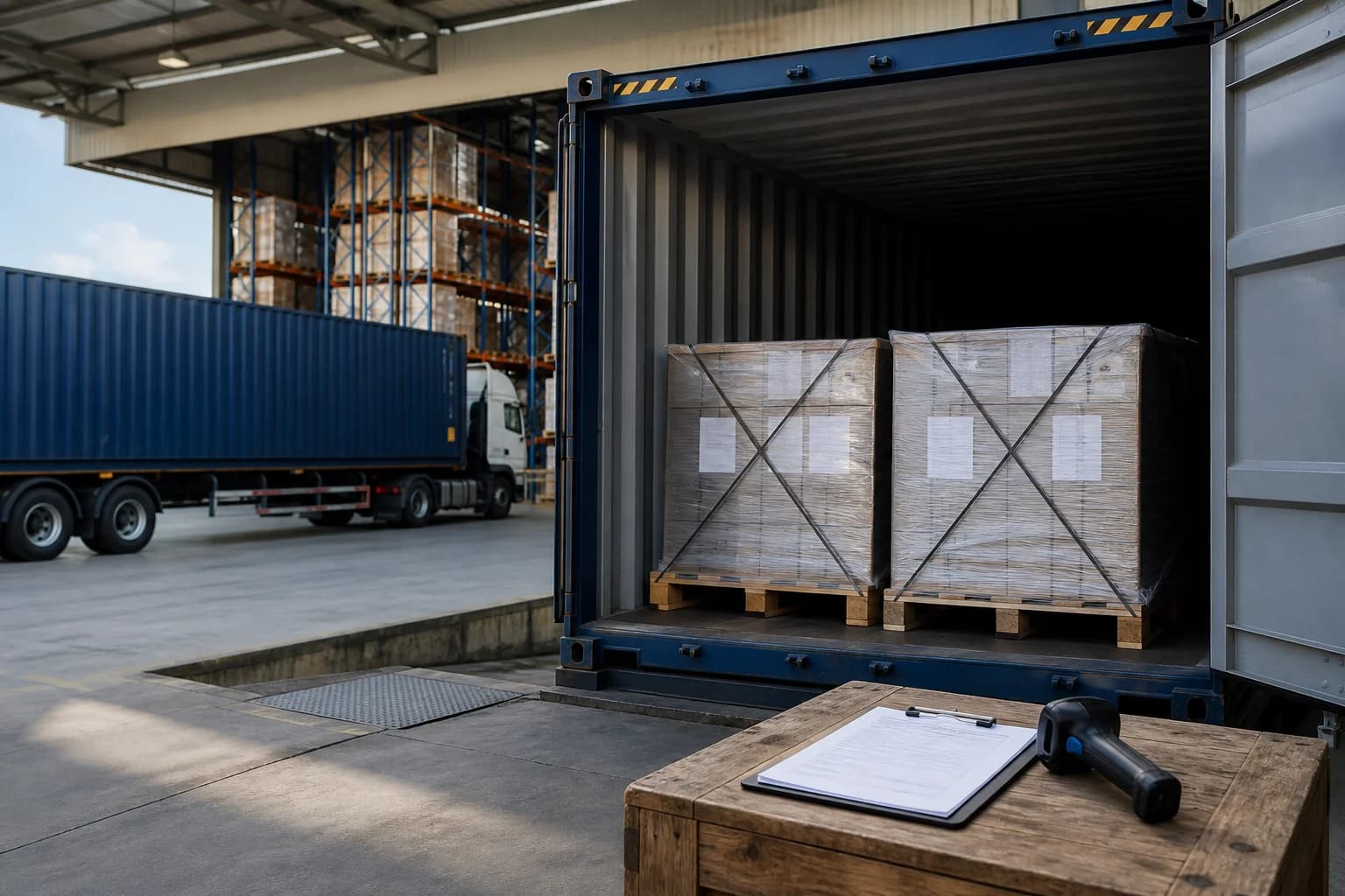 Pallets being loaded into a shipping container at a warehouse.