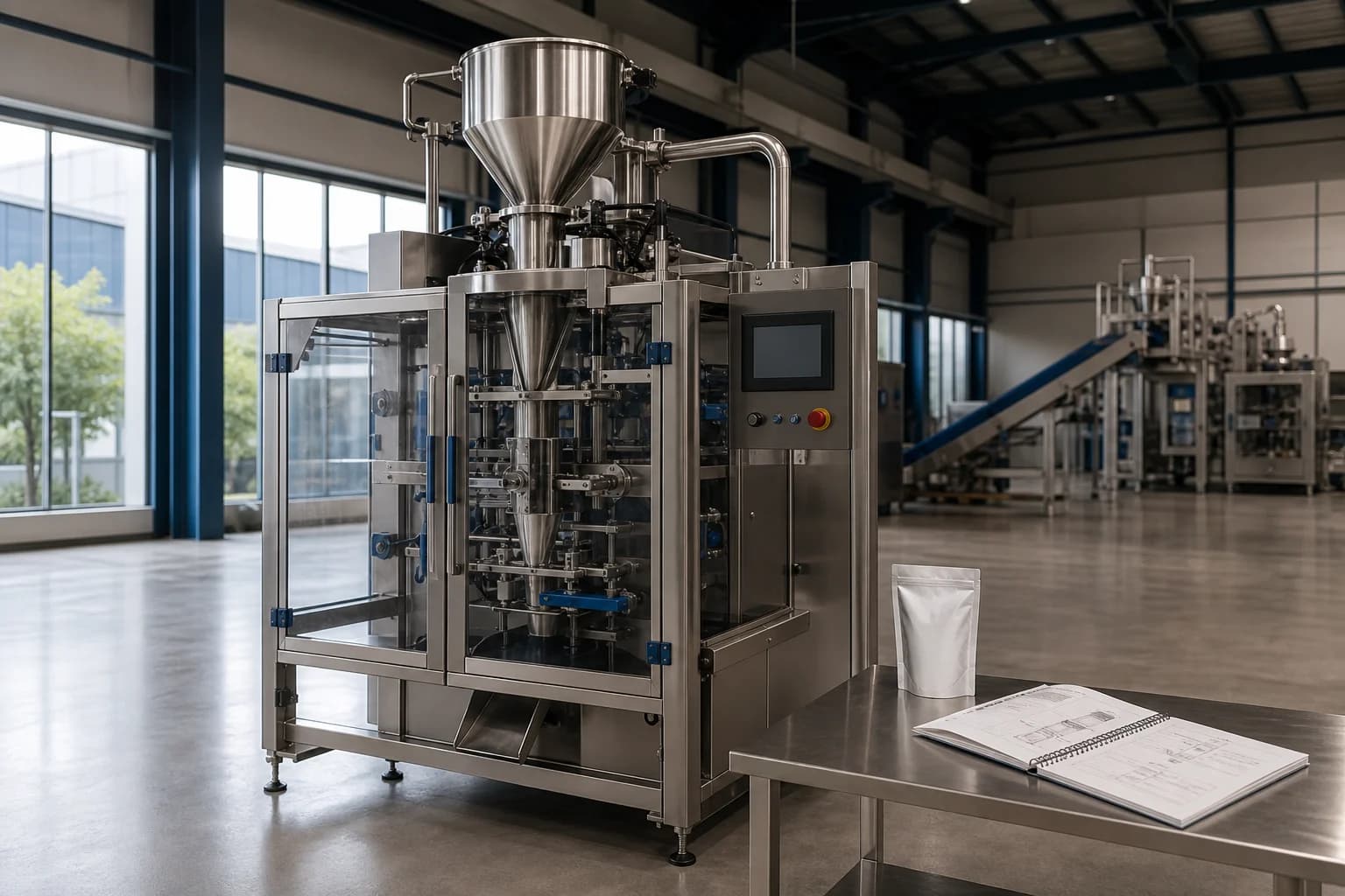 Packaging machinery beside a technical drawing in a production facility.