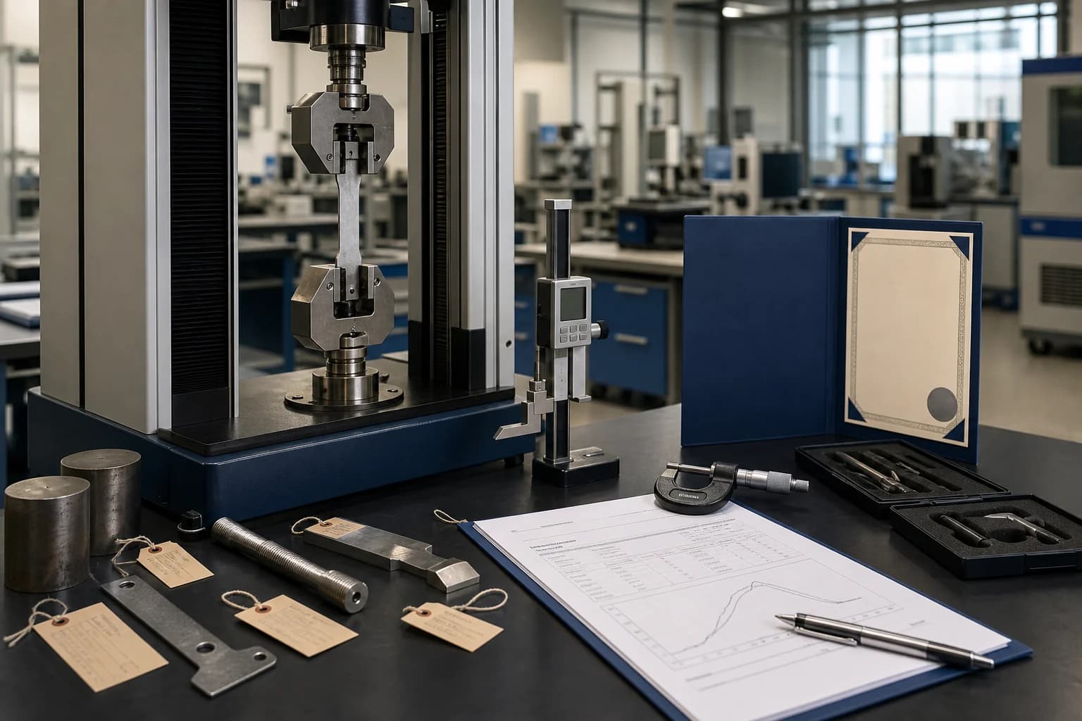 Material testing equipment, measurement tools and inspection records.