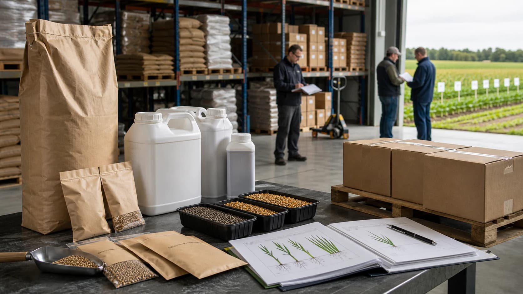 Agriculture input samples, packaging and crop records in a warehouse beside a field.