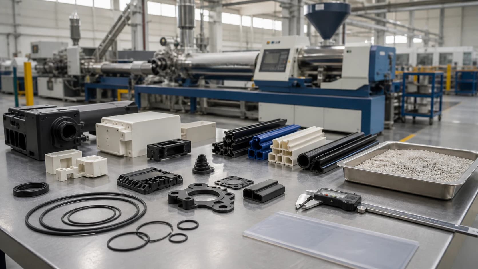 Plastic and rubber parts, raw material and measurement tools beside production equipment.