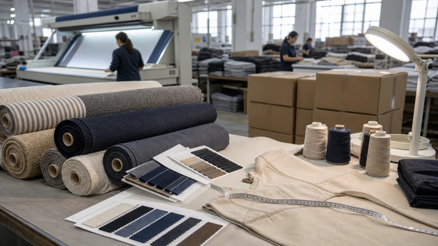 Fabric rolls, swatches and a garment sample inside a textile production facility.