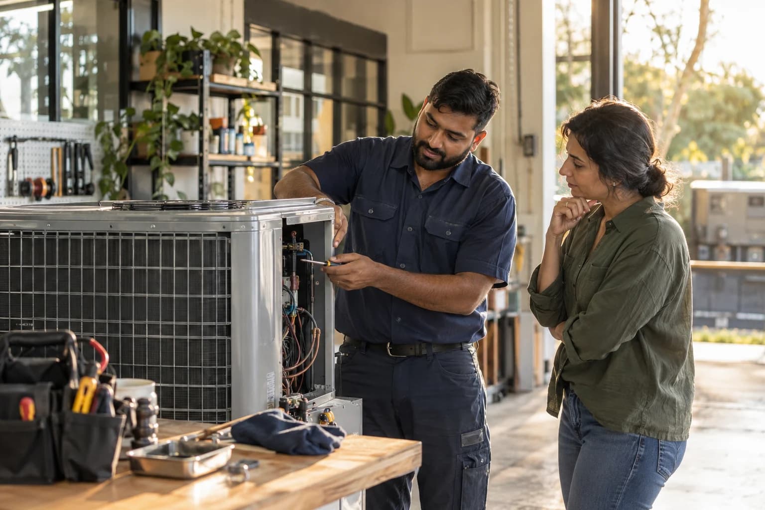 Illustrative technician explaining an air-conditioning service