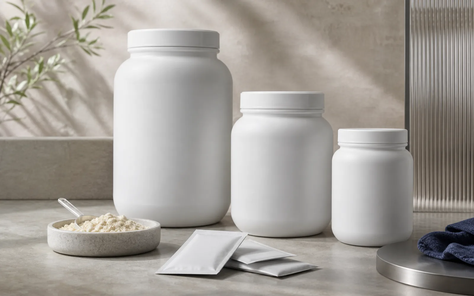 Unbranded jars and sachets showing different packaging formats.