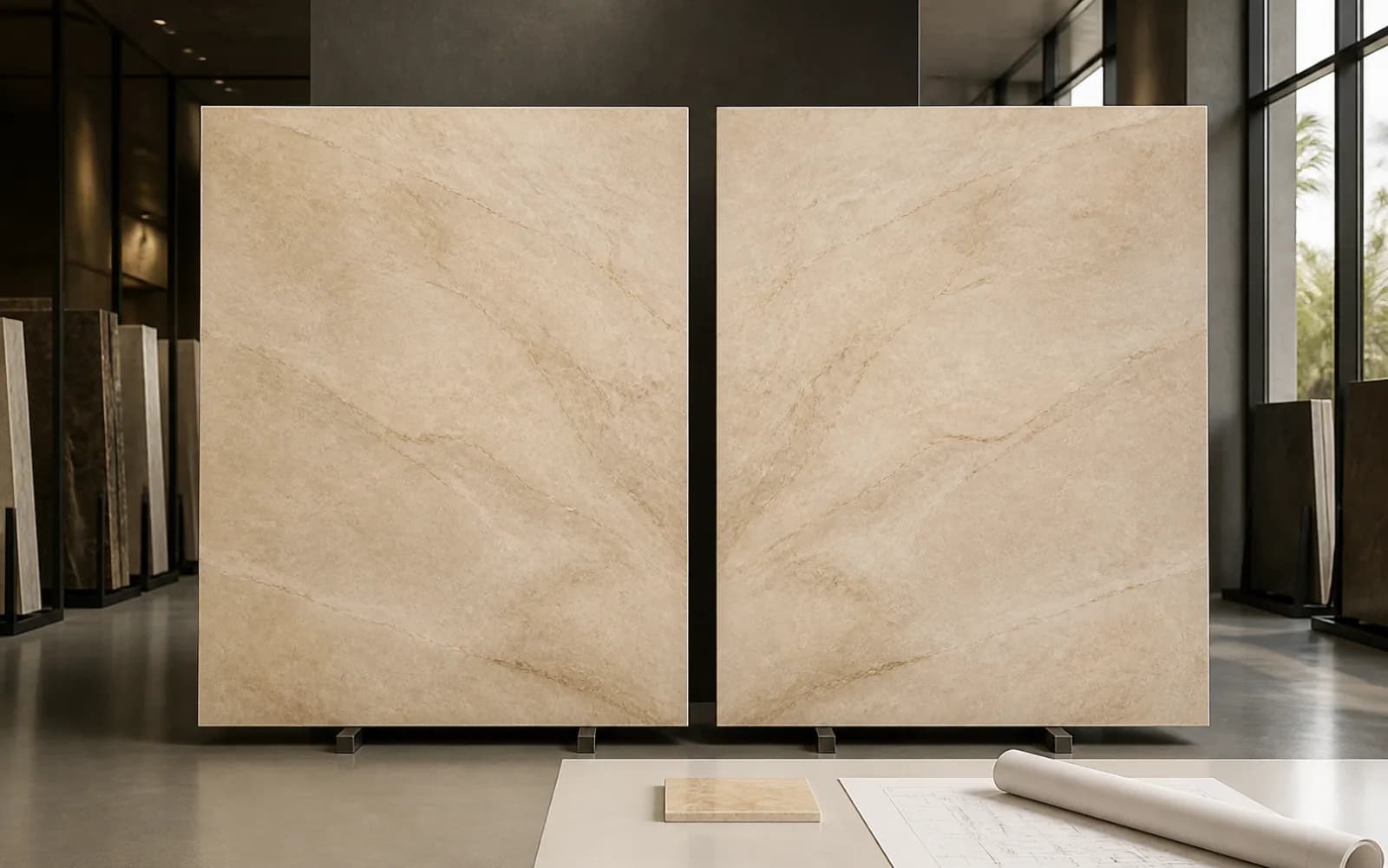 Construction material samples arranged for comparison and specification review.