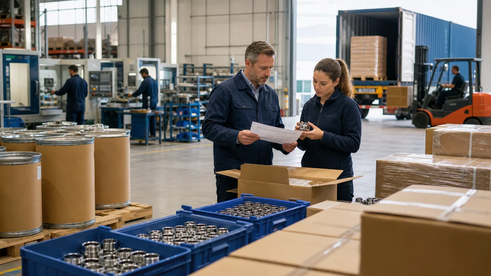 An unbranded B2B team checking an industrial component and supporting paperwork in a working warehouse.