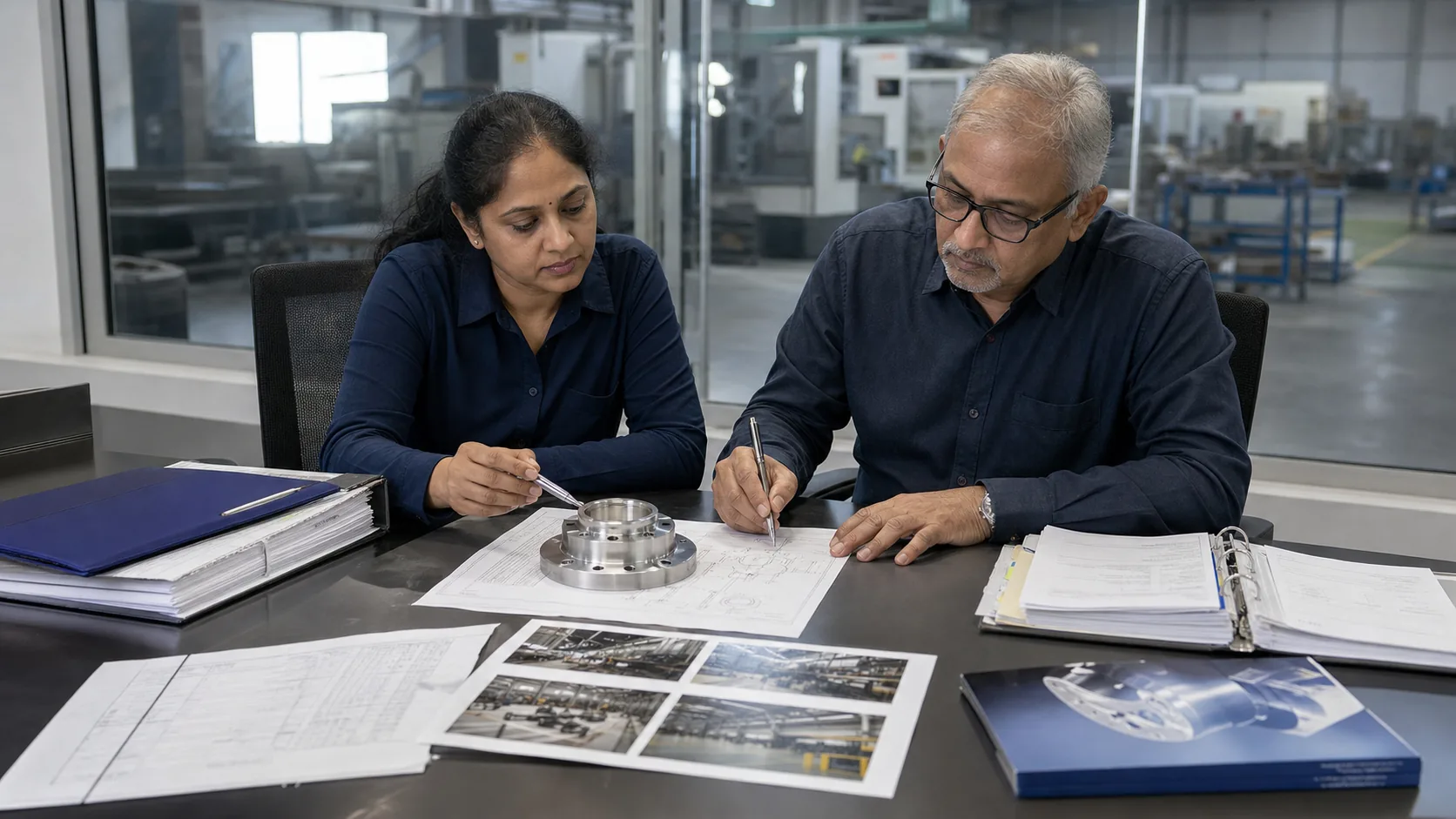 A quality manager and business owner review a component, drawing and approved evidence.