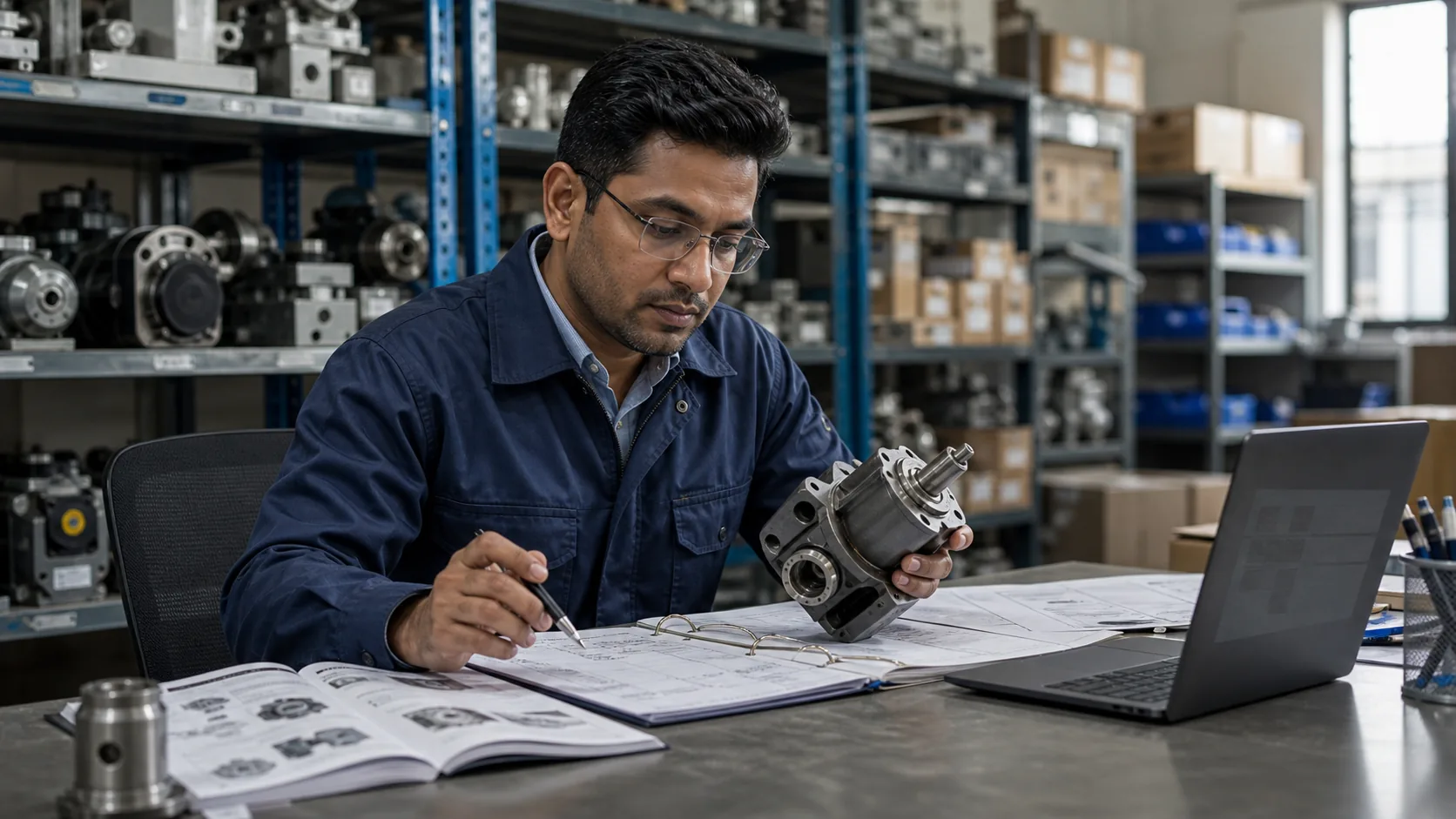 An industrial commercial manager studies a product, catalogue and buyer requirements.