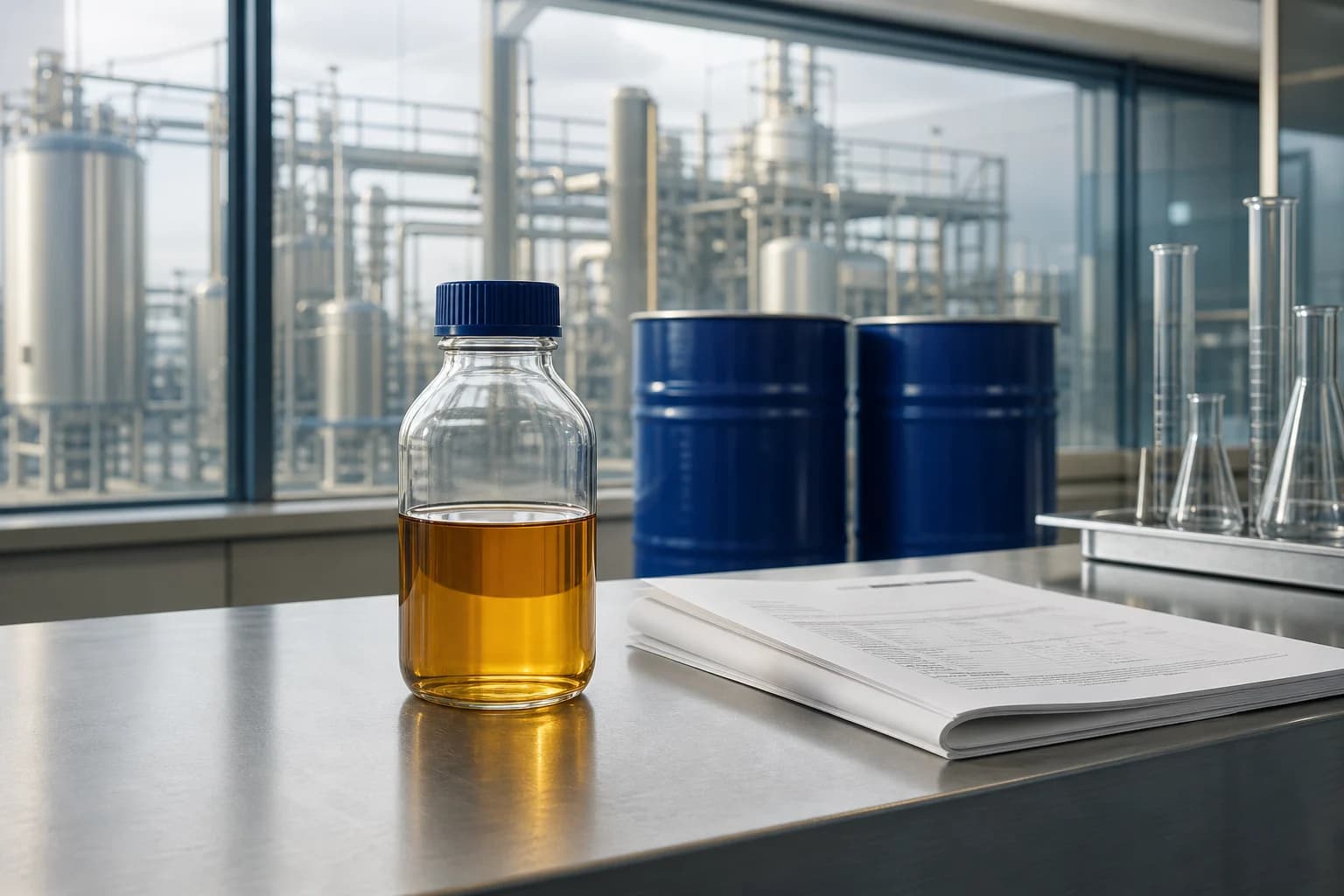A material sample and technical documents inside a chemical production facility.