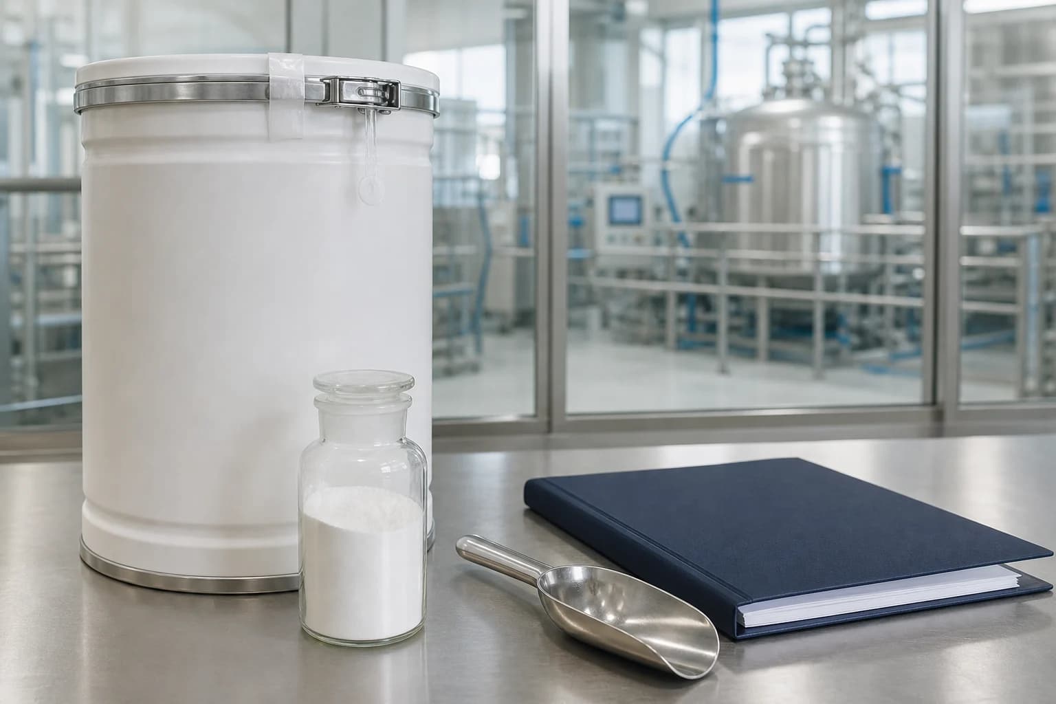 Ingredient samples, packaging and documentation in a controlled production setting.