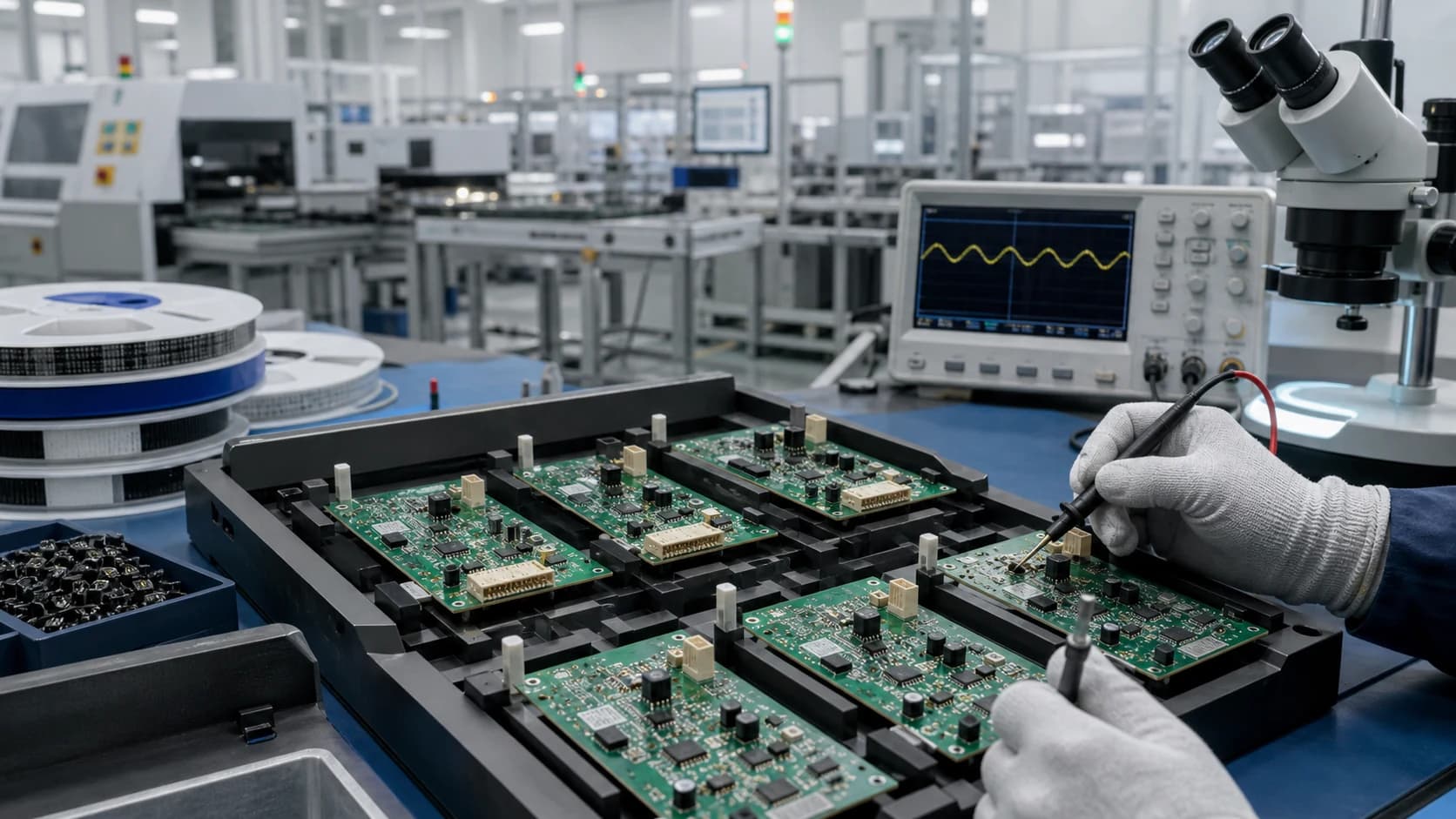 Printed circuit boards being tested on an electronics manufacturing line.