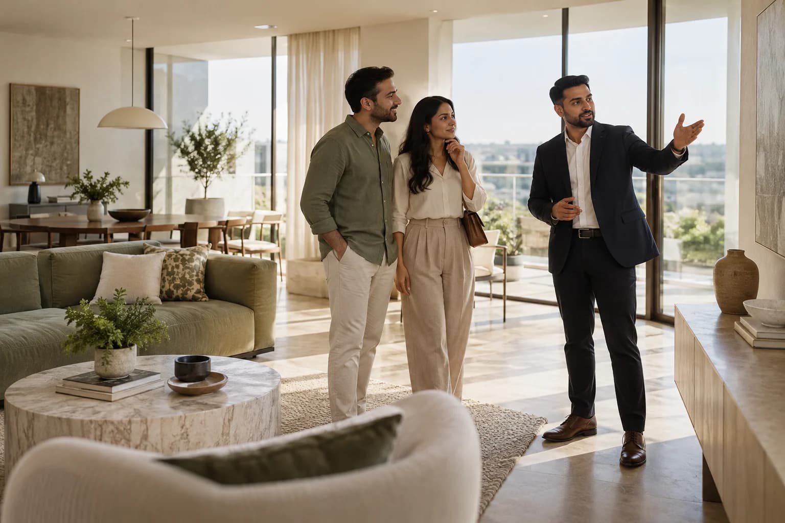 Illustrative broker and buyers viewing an apartment