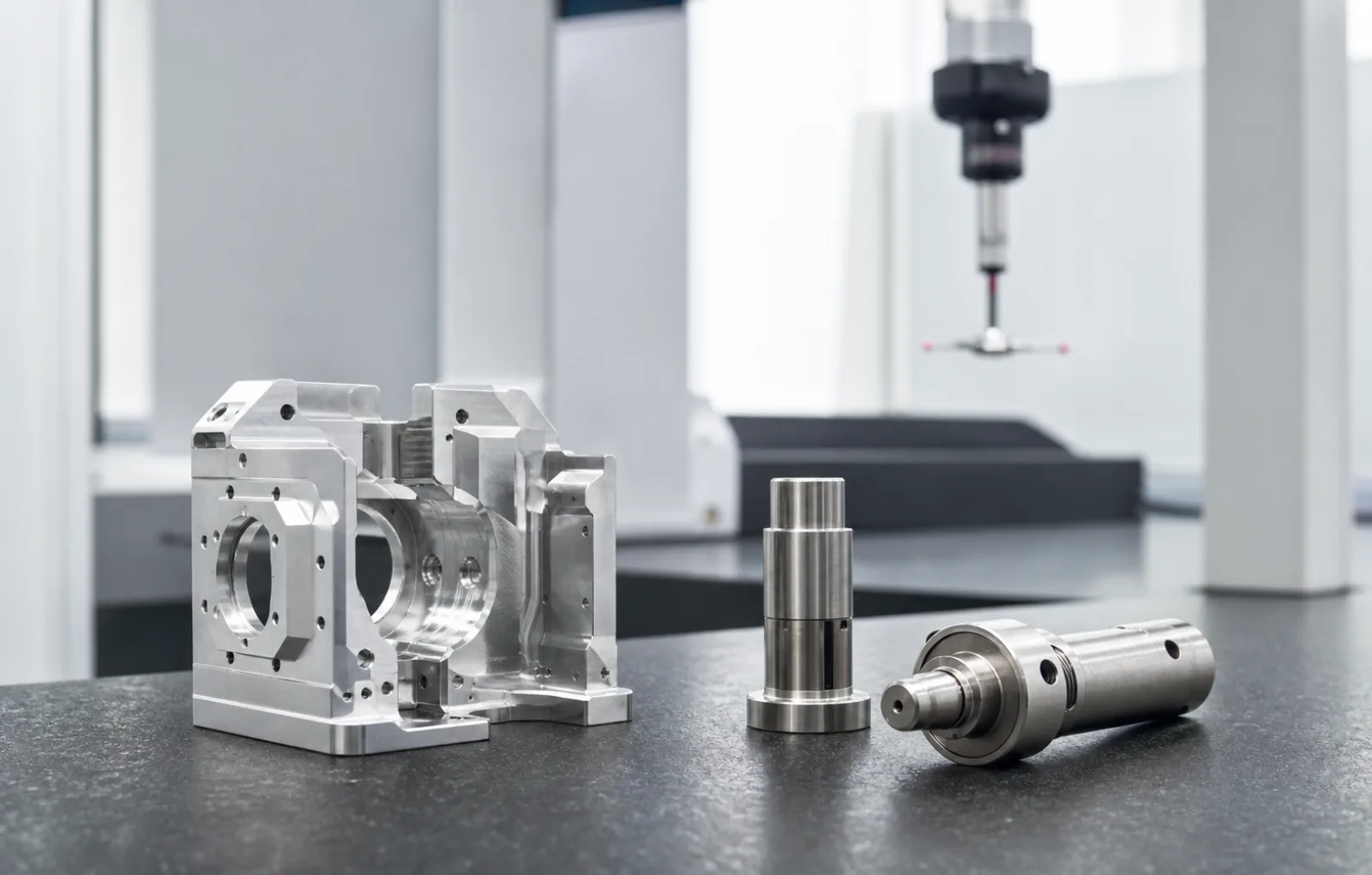 Machined metal components beside dimensional inspection equipment.