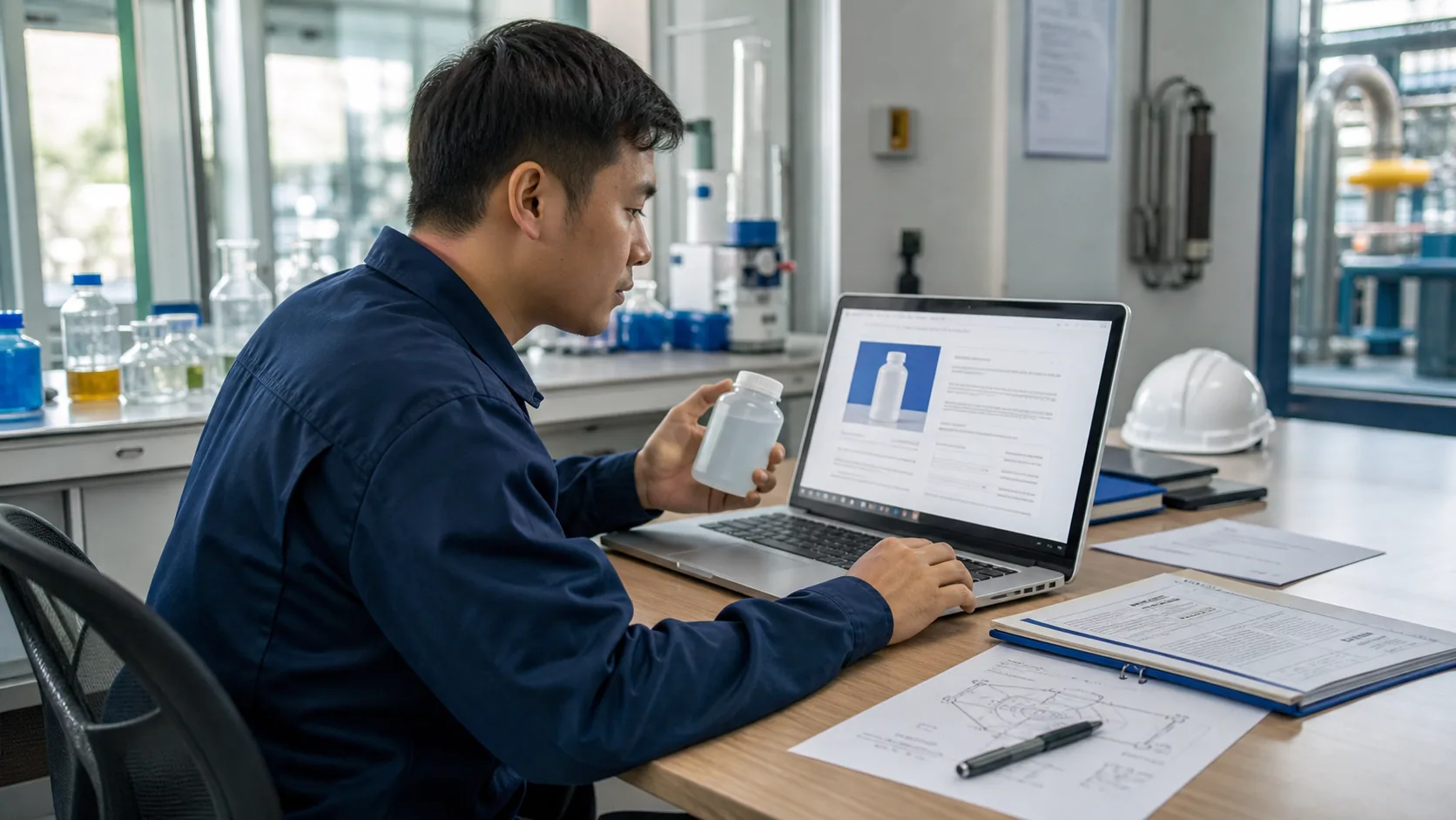 A technical buyer compares a material sample, documents and a supplier product page.